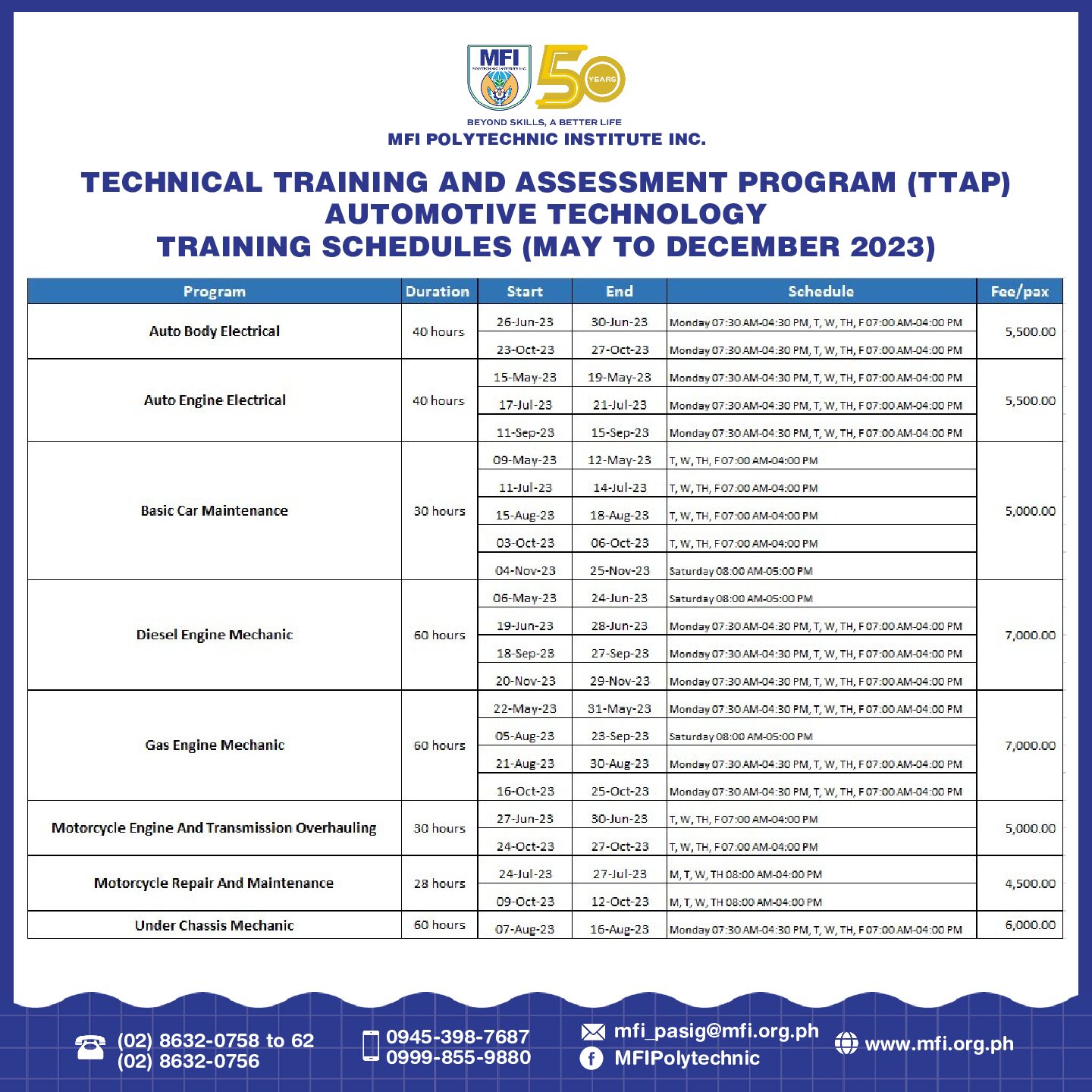 Technical Training and Assessment Program (TTAP) Schedules
